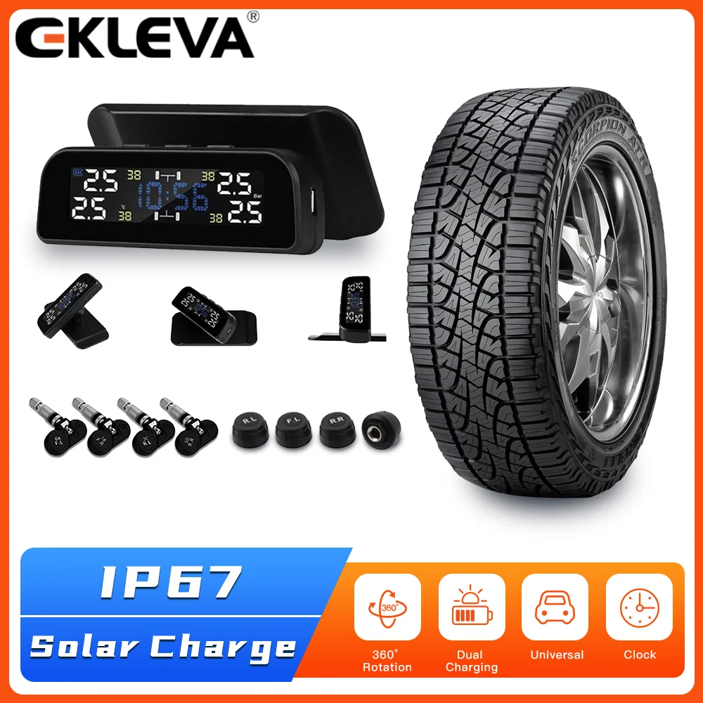 

Smart Car TPMS Tire Pressure Monitoring System Solar Power Charge Digital LCD Display Auto Security Alarm Systems with 4 Sensors