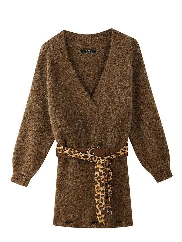 

Slim Fit Knitted Sweater Dr Women's Faion Design Sexy Chic Brown Wrap Bodycon Dr V Ne Long Sve a Line Dr