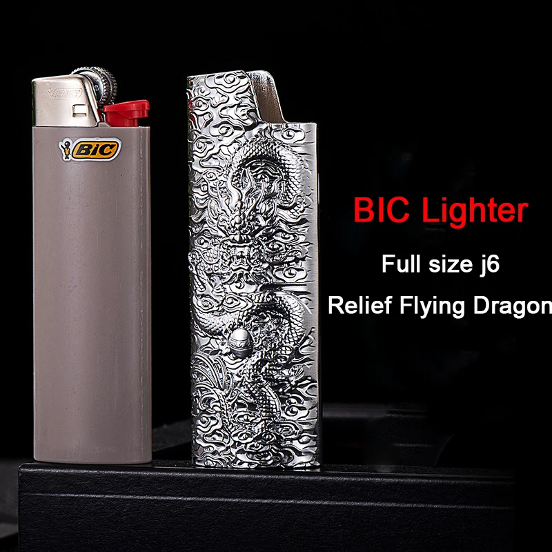 Full size BIC J6 Lighter Cover Inquiry 3D Flying Dragon Relief Metal Case Exploration proof Armor Large Holder wholesale