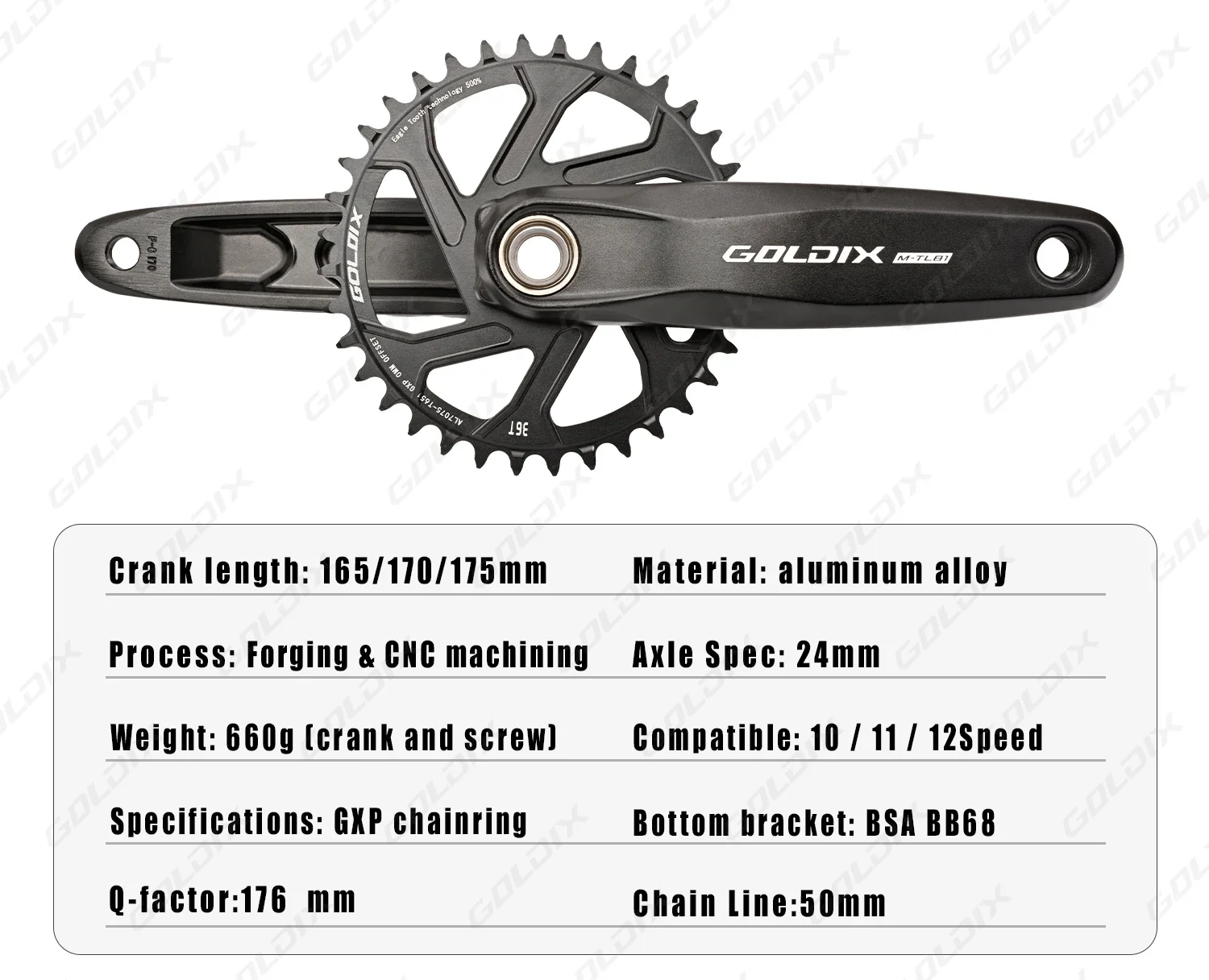 GOLDIX 3-Bolzen-Direktmontage MTB-Kurbelgarnitur 165/170/175mm Geschmiedete Legierung Hochfester Kurbelarm Schmal-Breit-Kettenblatt für MTB-Fahrrad – Detail 2