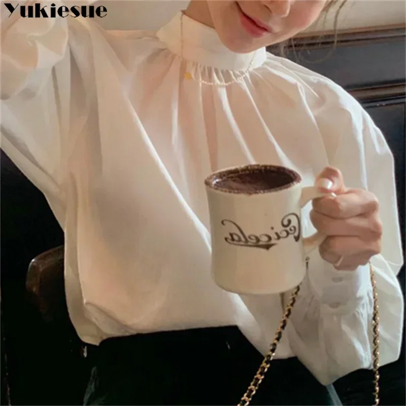 Women Shirt 2023 Spring Autumn Y2K Korean Edition Casual Loose Fashion Ladies Half High Collar Long Puff Sleeve Vintage Blouse