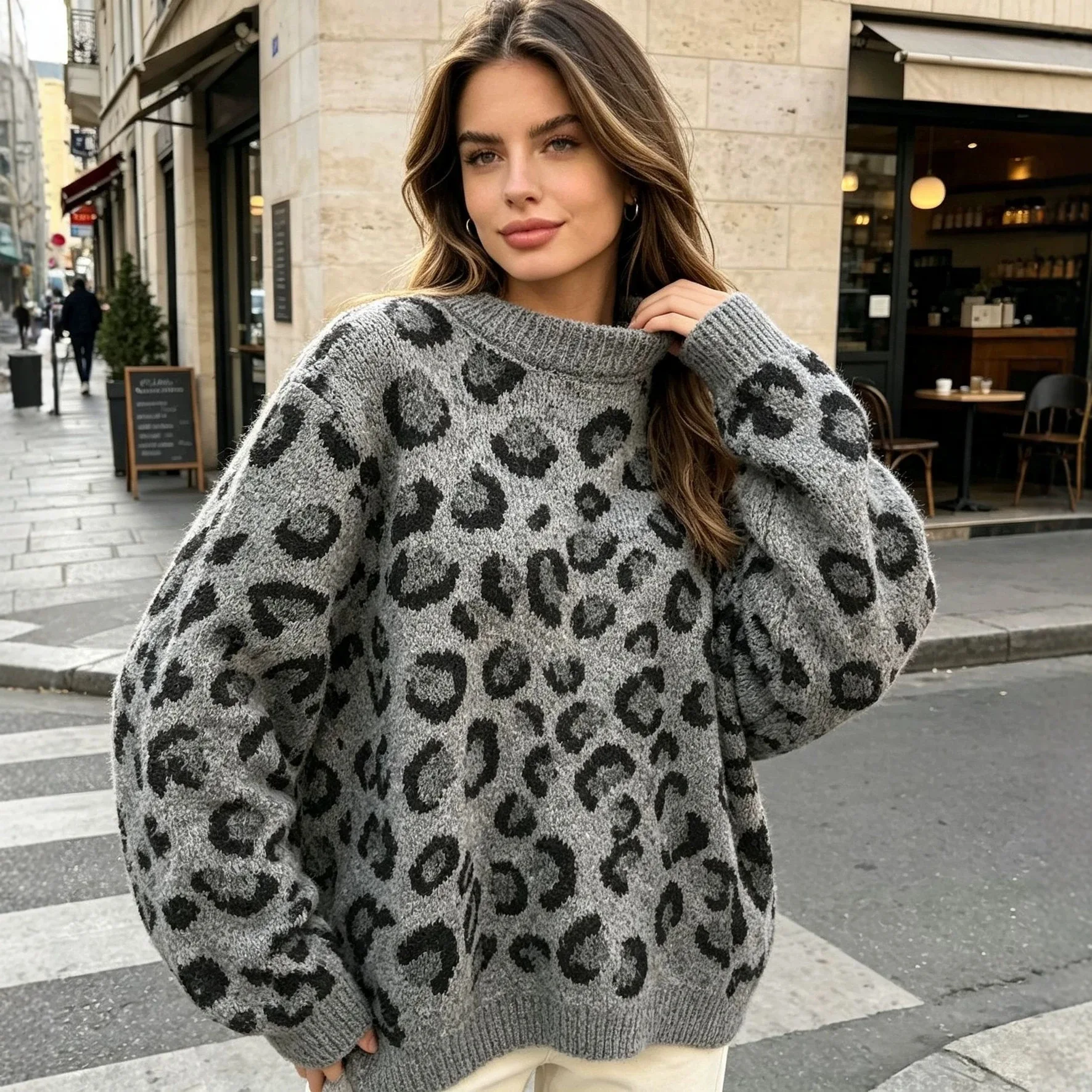 Pullovers Women Sweaters Knitted Round Neck Leopard Print Full Sleeve Jumpers Y2k Streetwear Elegant Work Casual Autumn Winter