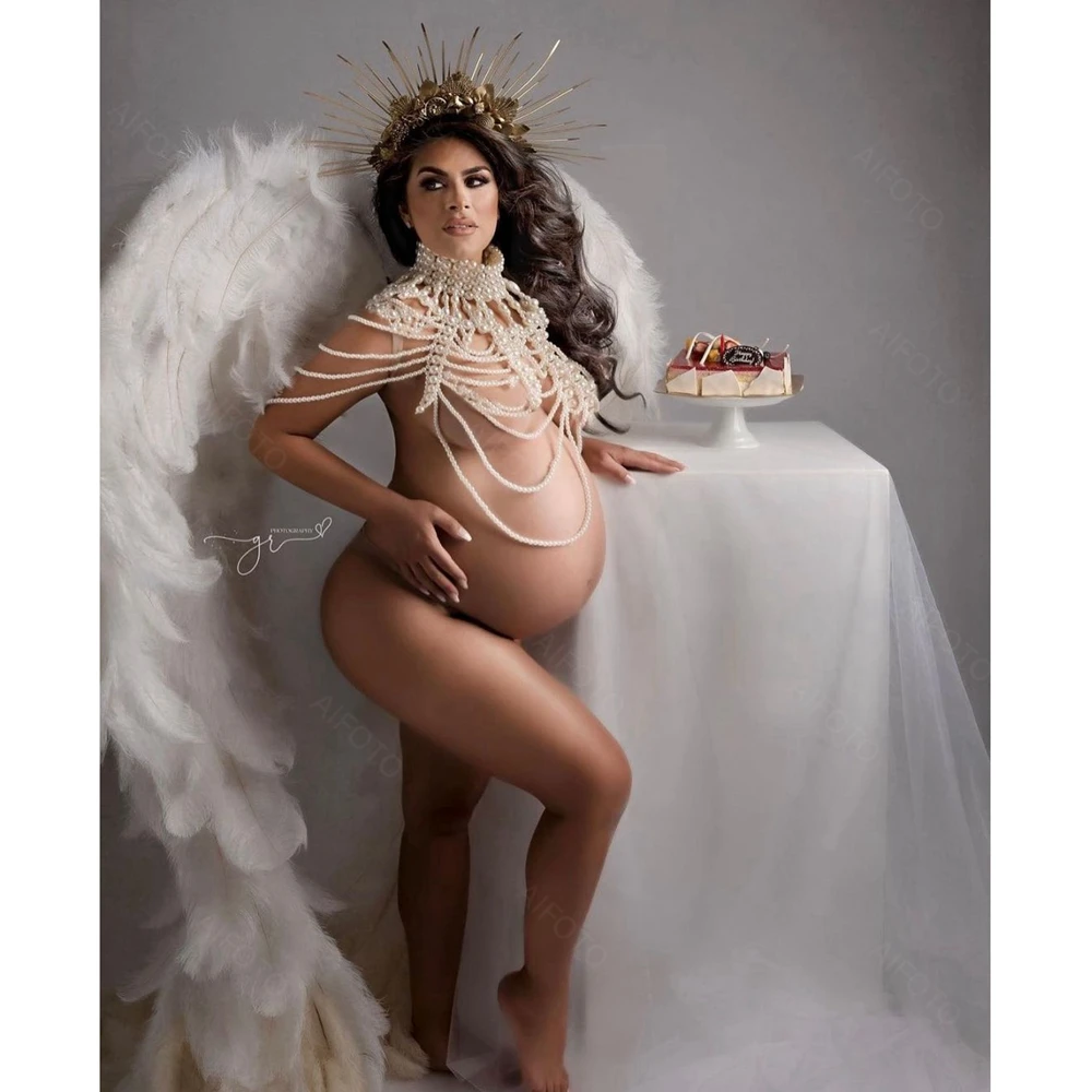 

New Maternity Photo Shoot Sexy Chain Pearl Bodysuit Pregnant Women Photography Props Top Backless Shoulder Necklace Bra Jewelry