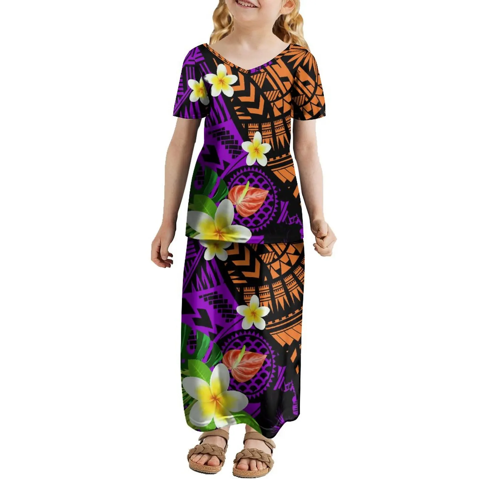 

Polynesian Children'S Dress V-Neck Girls Puletasi Summer Custom Tribal Floral Print 2024 New Girls Maxi Dress