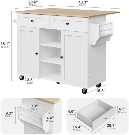 Kitchen Island On Wheels, Rolling Kitchen Island Cart with Drop Leaf and 2 Drawers, Mobile Kitchen Table Storage