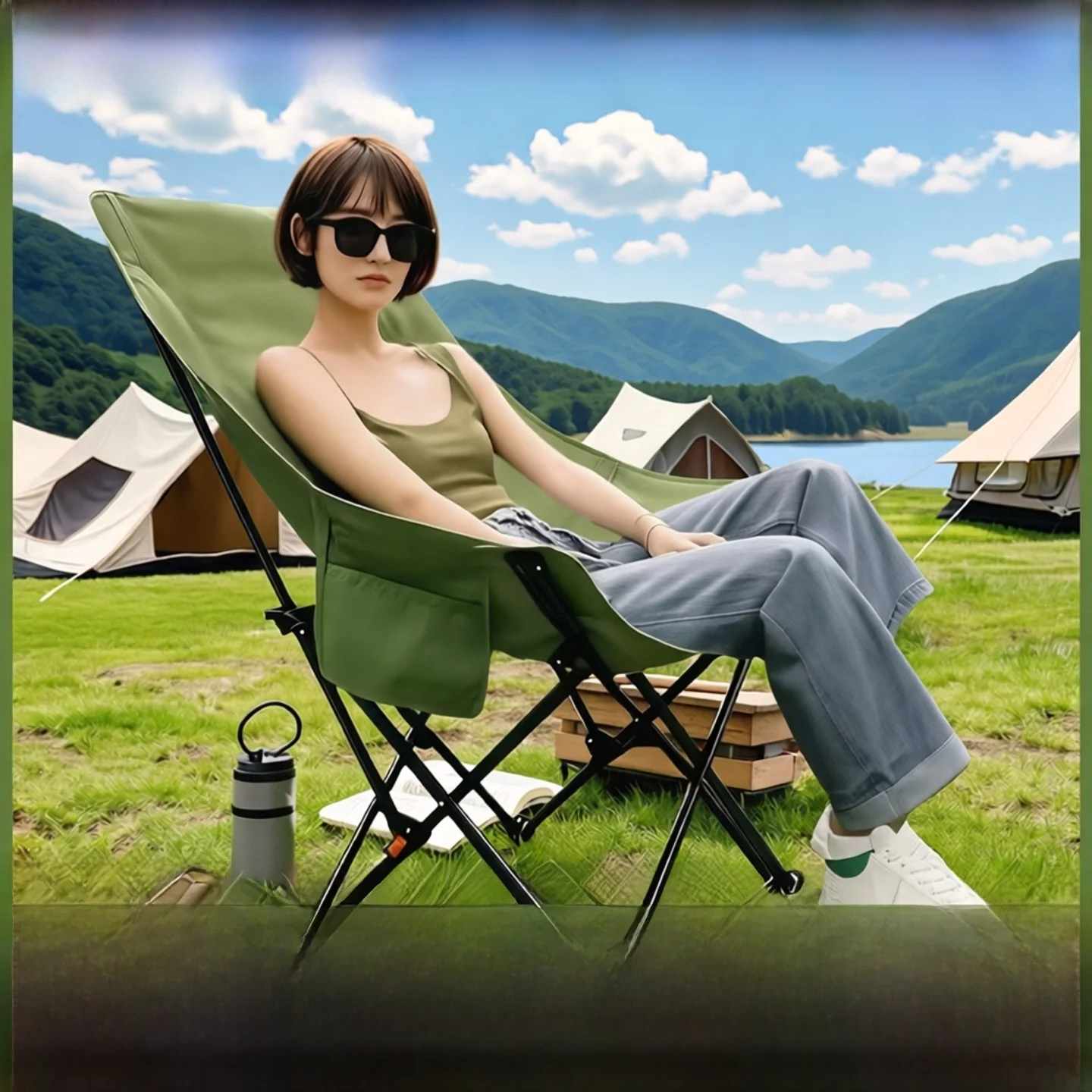 Outdoor Folding Moon Chair Camping Lightweight Portable Reclining Fishing Chair Lazy Afternoon Nap Chair Picnic Furniture