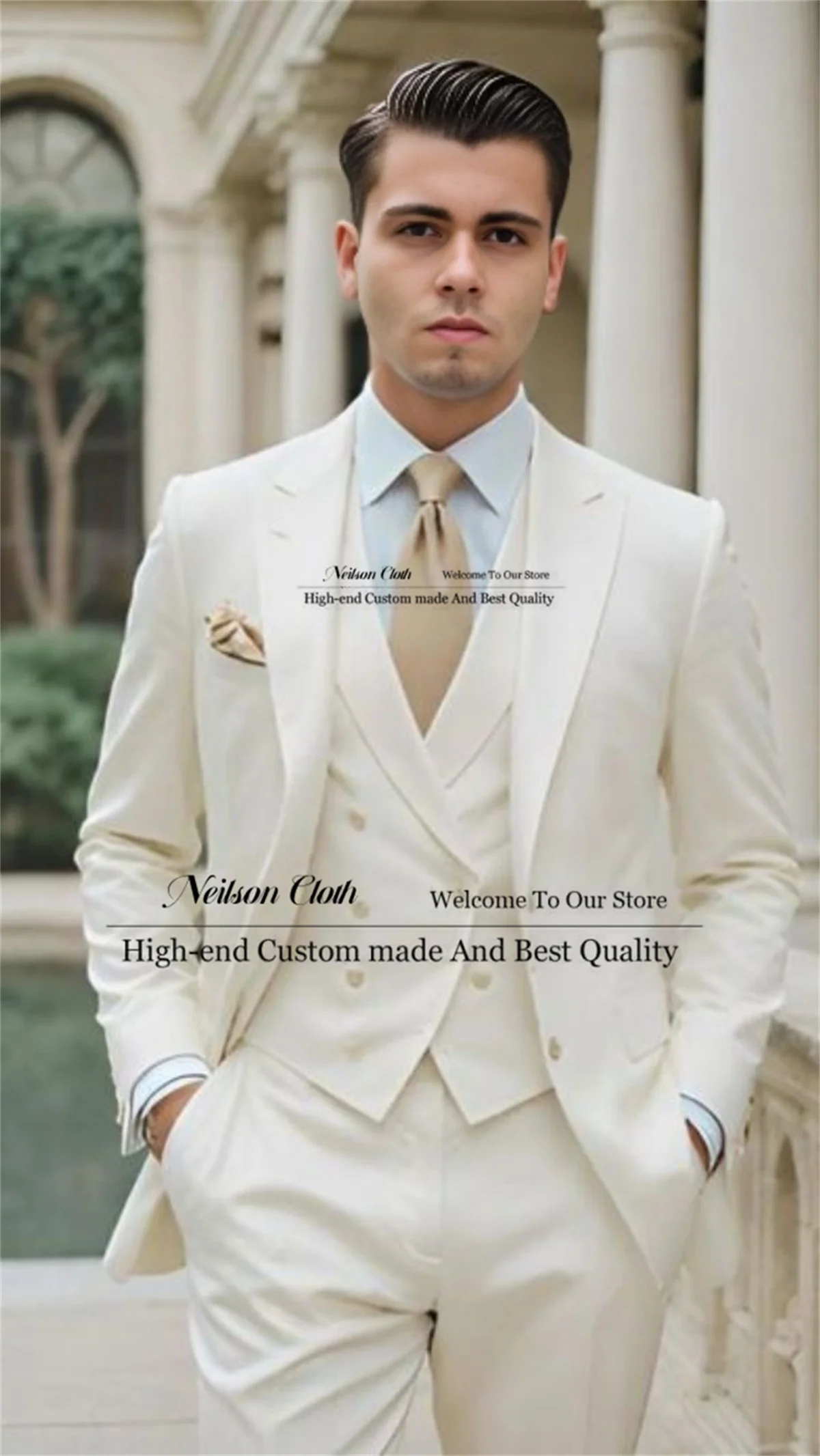 

Fashion White Male Prom Blazers 3 Pieces Sets Groom Wedding Tuxedos For Men Business Customized Peaked Lapel Terno Masculino