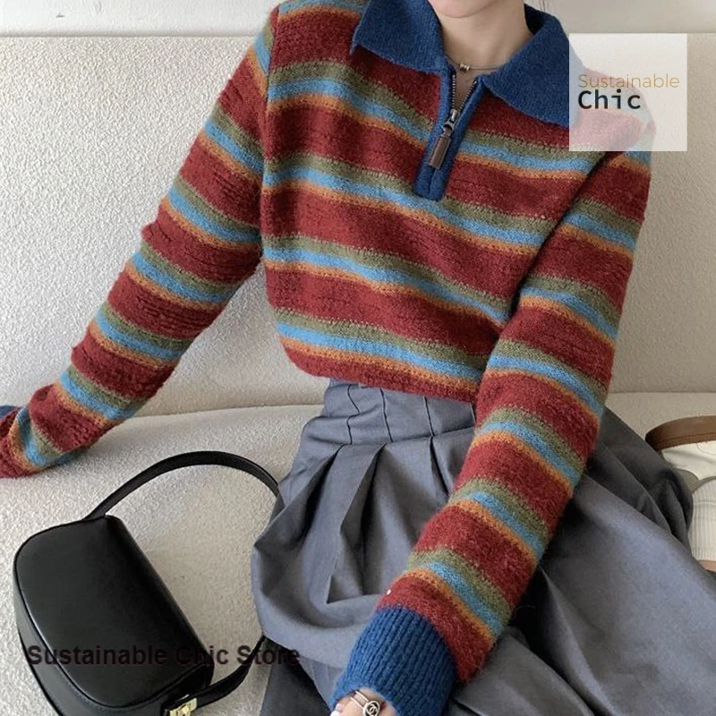 American retro striped zipper polo neck knit bottoming shirt women's autumn and winter fashion niche chic unique pullover. 2