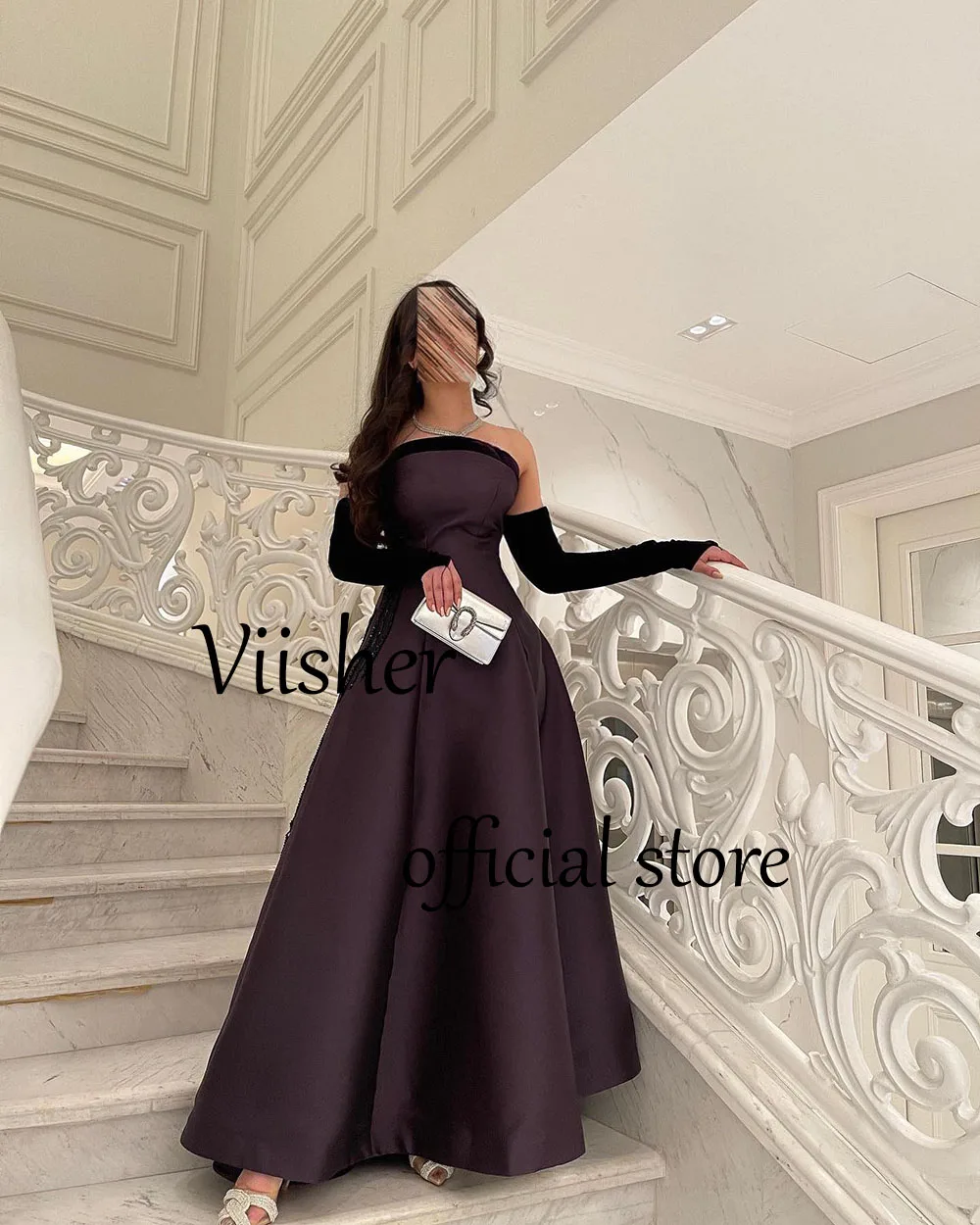 Deep Purple A Line Evening Dresses Beaded Satin Strapless Arabian Dubai Prom Party Dress Floor Length Formal Occasion Gowns