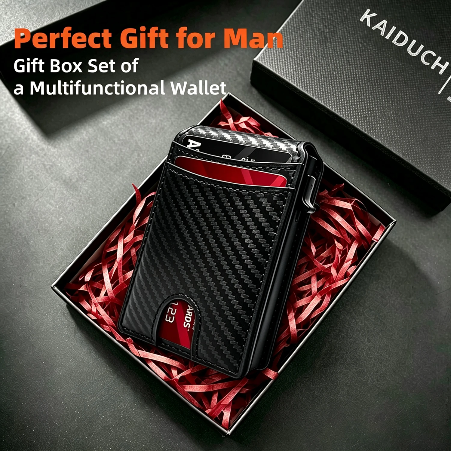 Men's RFID Blocking Slim Wallet, Carbon Fiber Texture PU Leather Pop Up Card Holder, Credit Card Wallet with Gift Box