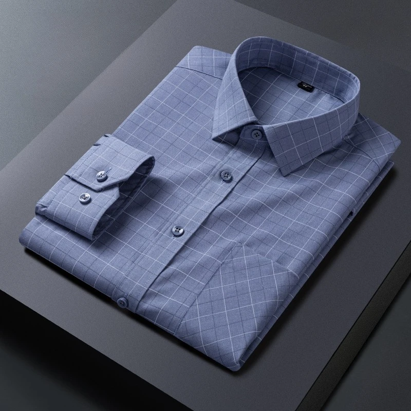 New in shirt long single pocket sleeve shirts for men slim fit casual plain shirt plaid tops work white business office clothes