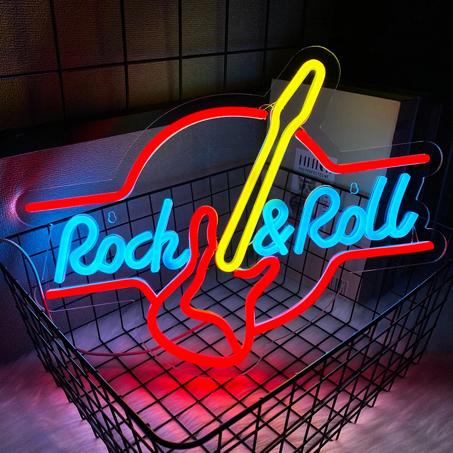 Rock Roll Music Neon Sign, Led Guitar Icon Usb Powered, Used For Music Studio, Live Music, Recording Studio Background Decor.