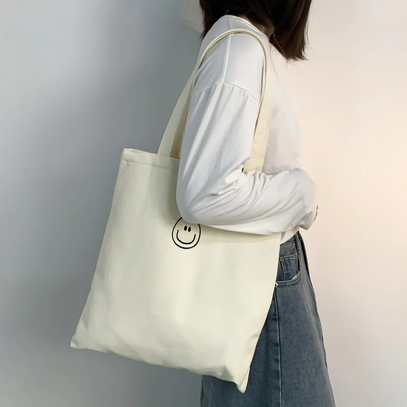 Borsa a tracolla di grande capacità borse a tracolla in tela con faccia sorridente di moda per le donne borsa con cerniera per studenti Casual con