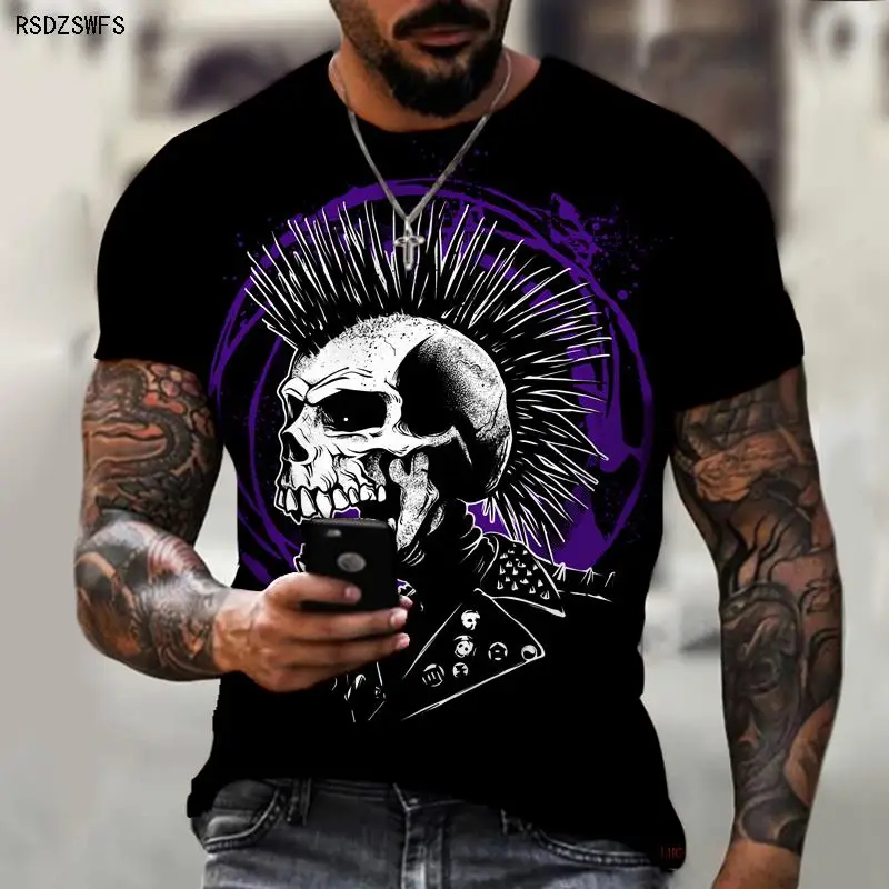 Brand Men's Summer Short Sleeve Skull And Crossbones Horror Smoking 3d Printing Men's T-shirt Cool Fashion Streetwear Size 5XL