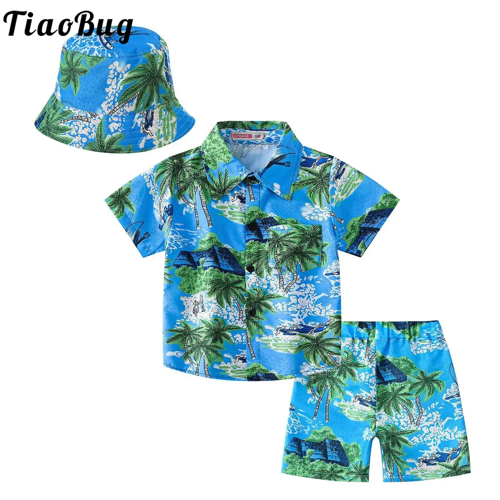 

Kids Boys Summer Hawaiian Outfits Short Sleeve Button Down Shirt with Shorts Bucket Hat Swimming Tropical Travel Beachwear
