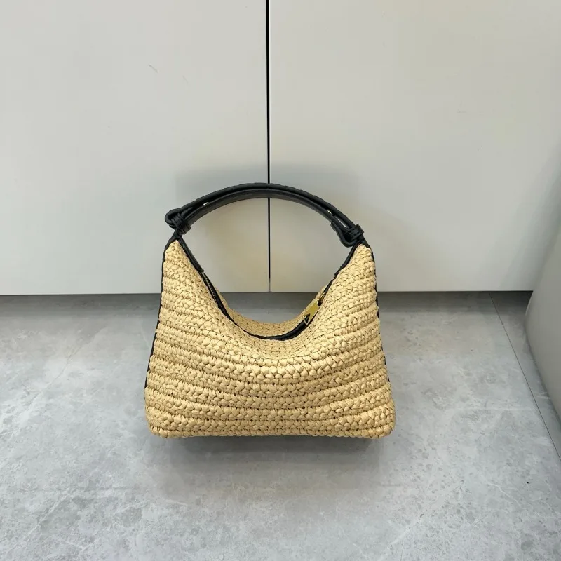 

2025 New Lafite Grass Hand Woven Lunch Box Bag Fashion Purse Casual Leather Beach Bag Shoulder underarm Handbag Women