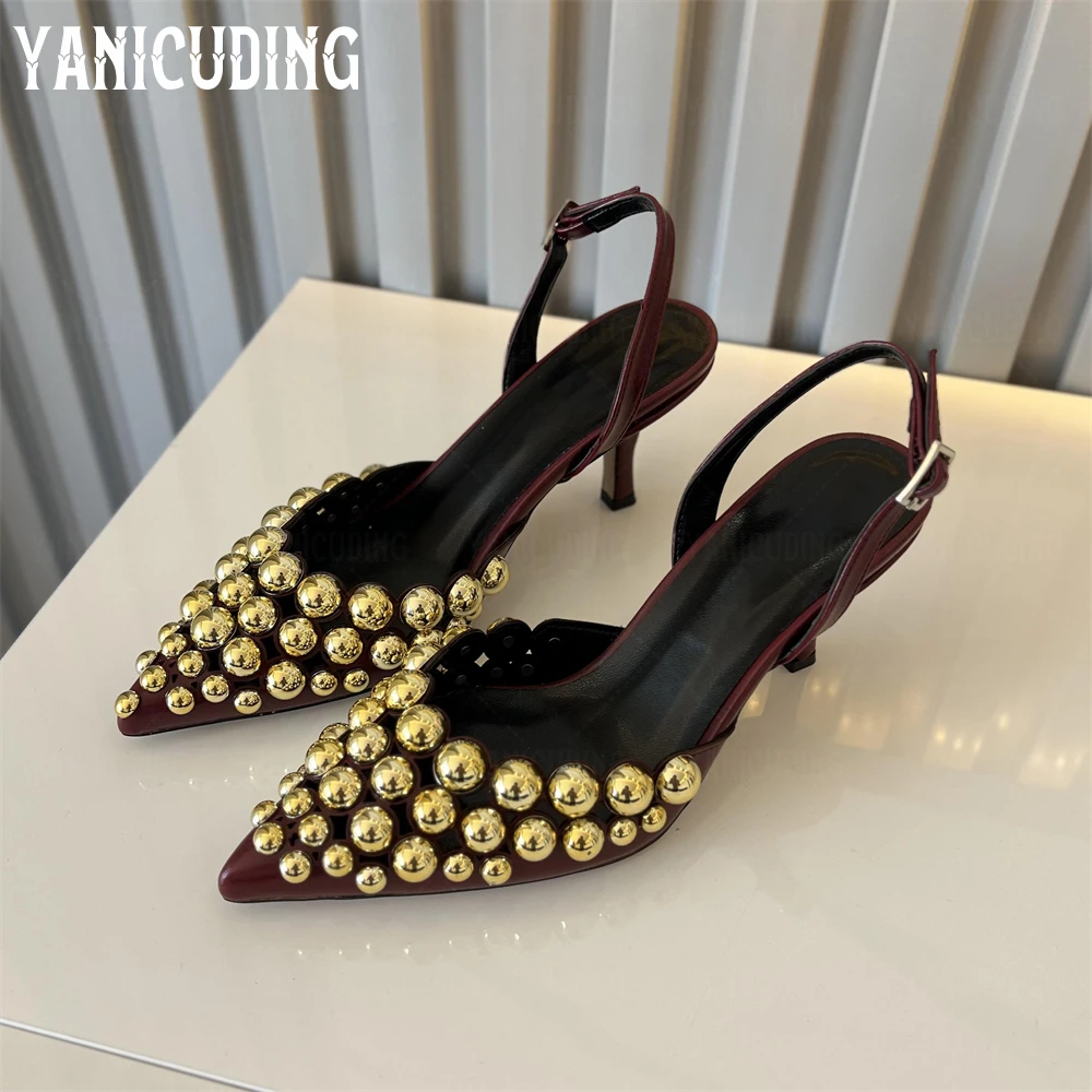 Metallic Beaded Hollow Pumps Back Buckle Pointed Stilettos Customizable Multicolor Leather High Heels for Women Handmade Pumps