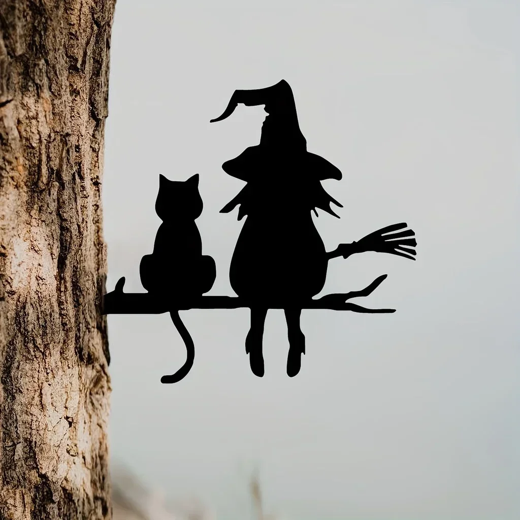 1pc Iron Silhouette Cute Witch And Cat Garden Stake On The Branch Yard Art Decor, Tree Stump Plug-in, For Garden Lawn Courtyard