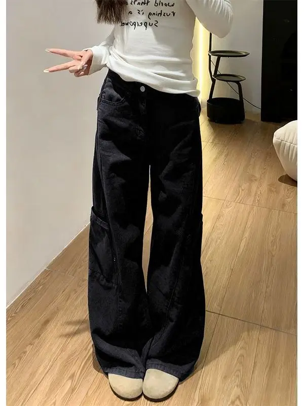 

American Retro High Waist Wide Leg Workwear Jeans Women's Small Size Versatile Loose Slimming Casual Straight Leg Pants