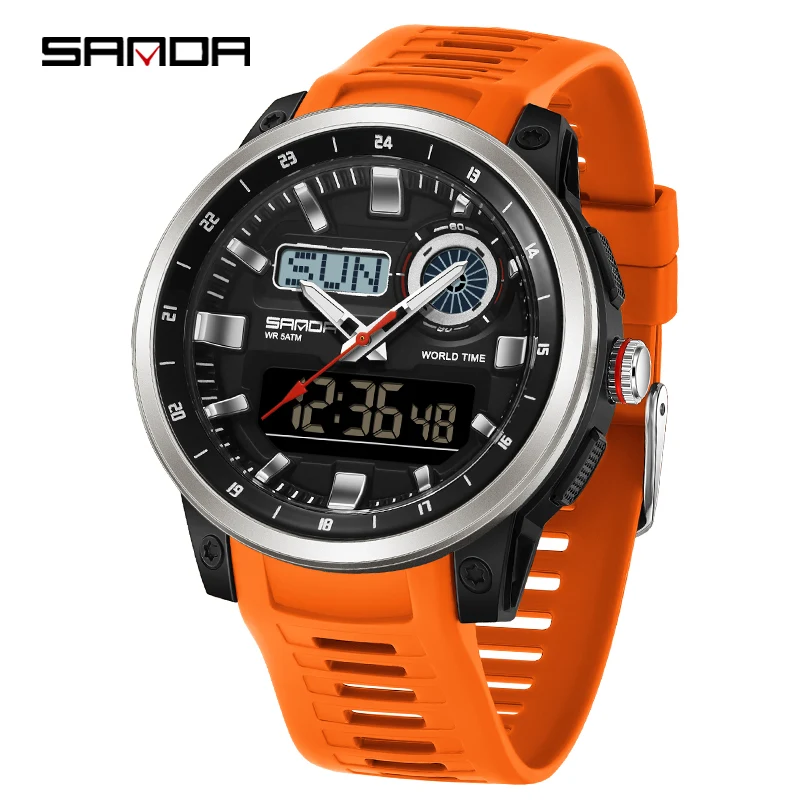 

SANDA SD3389 мужские спортивные кварцевые электронные цифровые светодиодные мужские часы с двойным дисплеем водонепроницаемые военные противоударные часы