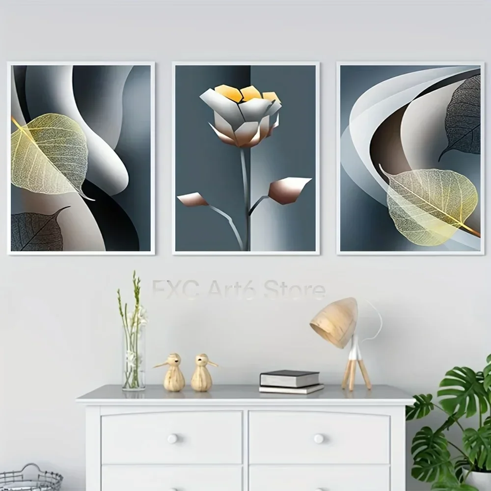 2D Flat 3pcs frameless ,    Nordic Abstract Ribbon Geometry Leaf Flower Wall Art Canvas Painting Poster Print Picture Room