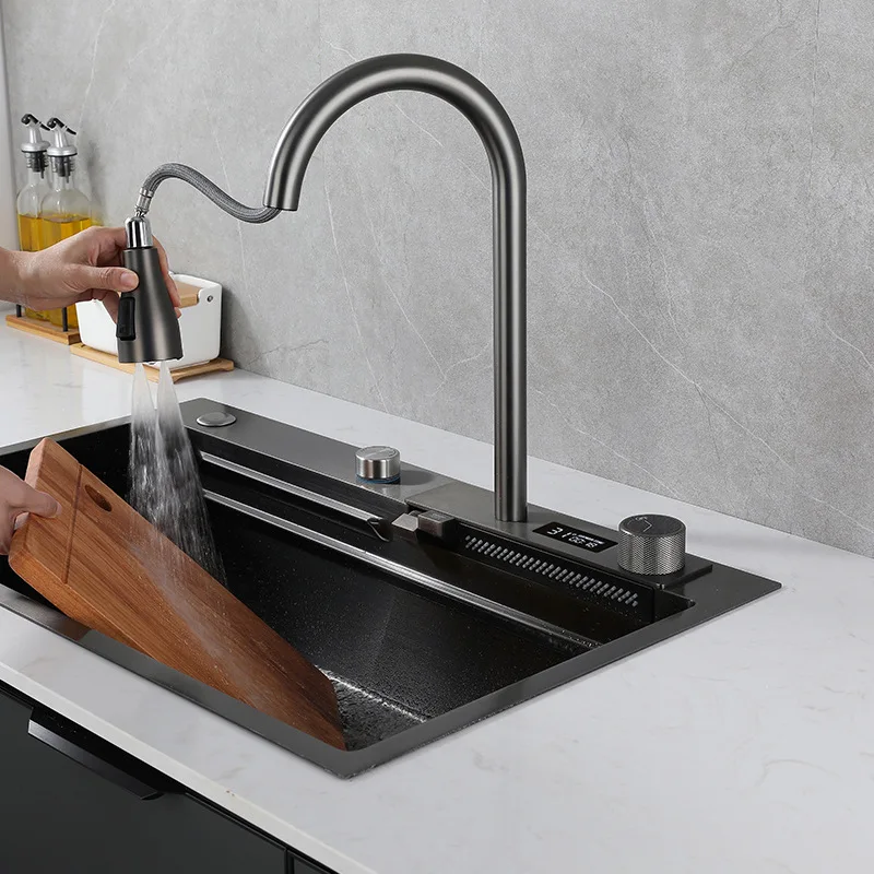 Stainless Steel Pull Out Waterfall Faucet Nano Black Multifunctional Kitchen Sink With Digital Display