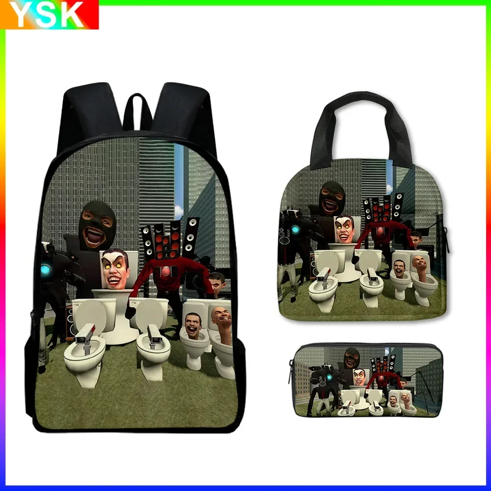 3 pz-set Skibidi Toilet Toilet zaino studente zainetto borsa per il pranzo per bambini borsa a matita borsa da scuola per cartoni animati Mochila