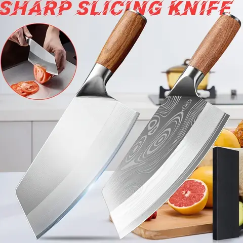 MDHAND Laser Damascus Pattern Stainless Steel Meat Cleaver Slicing Knife Chopping Kitchen Chef Butcher Knife Wood Handle Knife