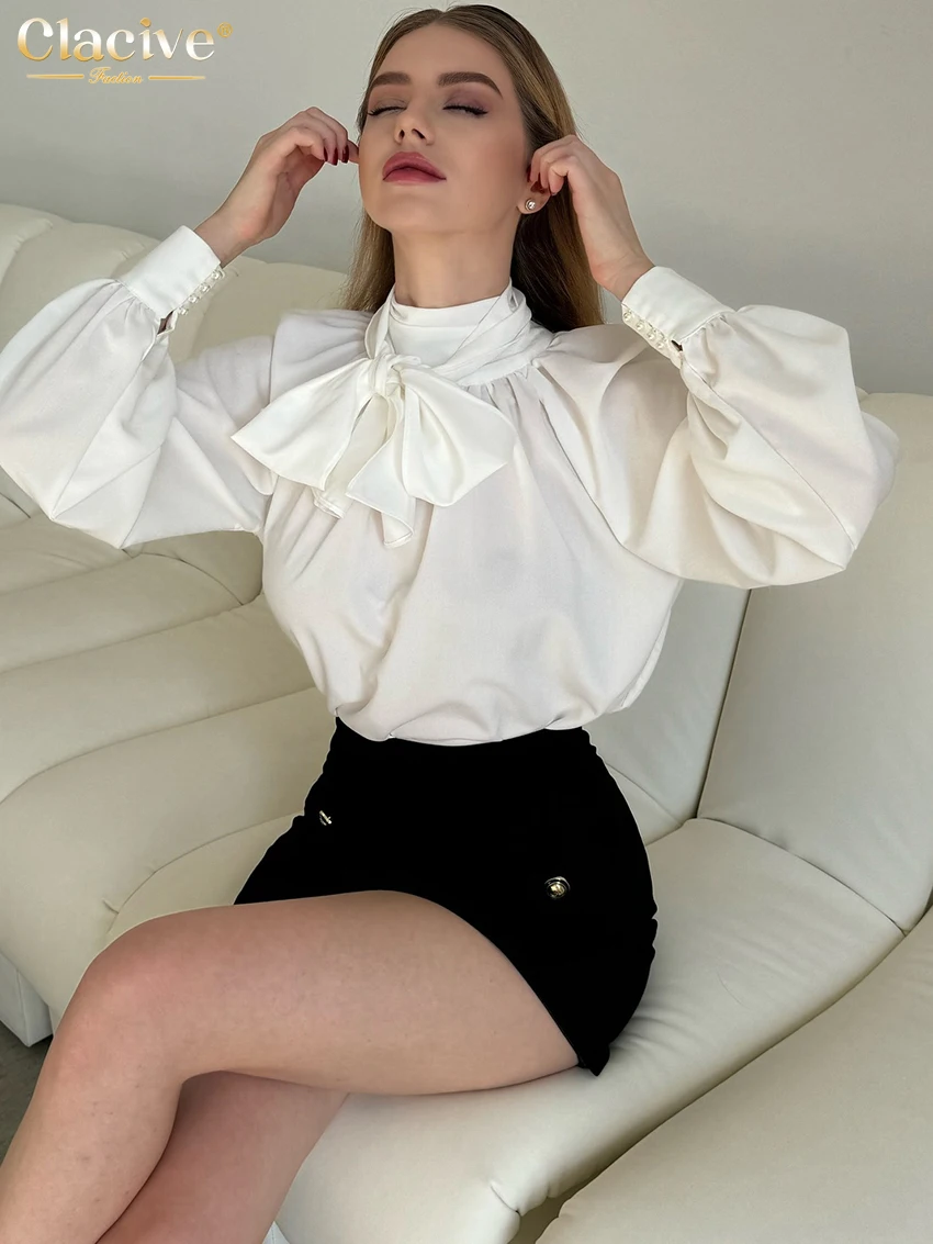 Clacive Spring Loose White Women's Shirt 2026 Fashion Bow Collar Long Sleeve Shirts Elegant Classic Solid Top Female Clothing