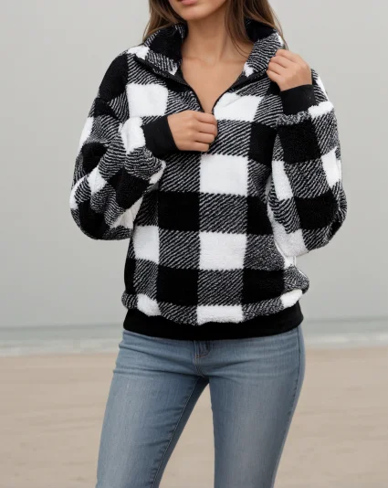 Women Plaid Fleece Sweatshirt Half Zip Stand Collar Long Sleeve Loose Pullover Casual Checkered Fluffy Jacket Tops