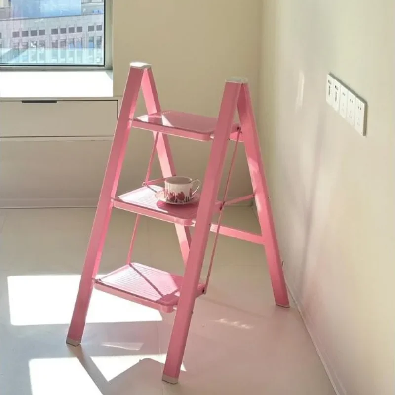 F1 Sakura Pink Folding Step Ladder, Anti-Slip A-Frame, Thickened Four-Step Ladder, Stable Home Use Stepladder with Pink Design