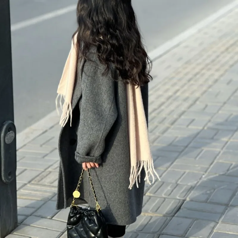 2025 Winter New Unisex Big Kids Quilted Woolen Coat Longline Fashion Outerwear for Children