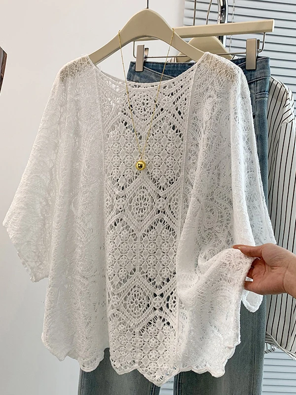 

Slimming Hollow out Batwing Sleeve T-Shirt Women's Fashion French Style Hook Flower All Match Youthful Looking Top Shirt