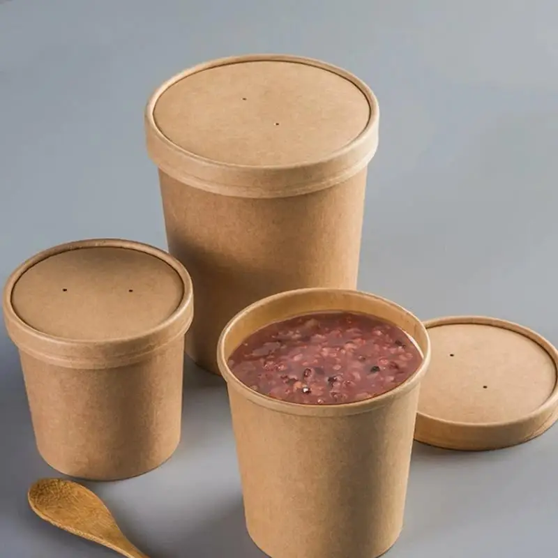 10Pcs Paper Soup Container, Disposable Kraft Paper Food Cups, Food Storage With Lids, Microwavable And Freezer Safe