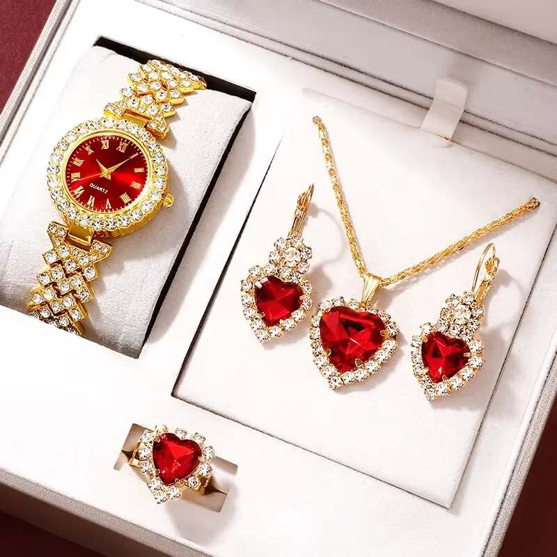 5PCS elegant ladies' round dial quartz watch with necklace and bracelet accessories set, suitable for daily wear