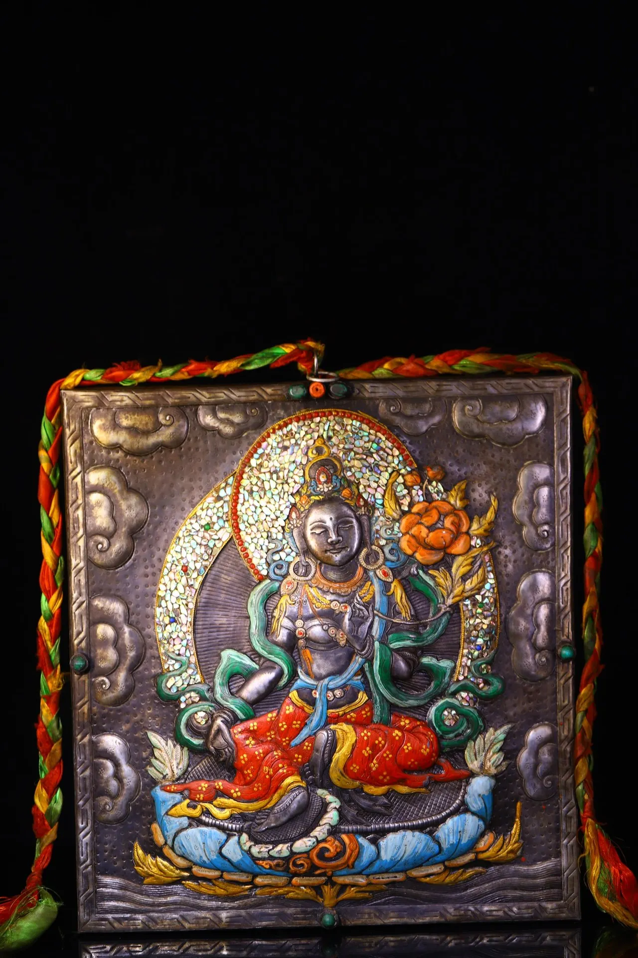 

16"Tibetan Temple Collection Old Tiantie Painted Mosaic Gem Shell Eight Treasures Green Tara Sitting Buddha Thangka Worship Hall