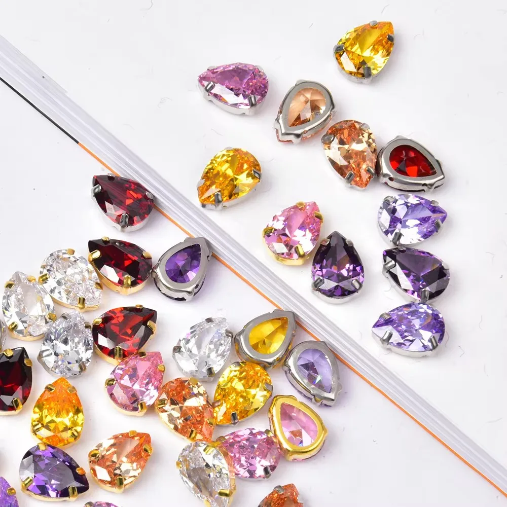 New Arrive Zircon 10*14Mm TearDrop Crystal Super Flash 5A Diamond Gold Base Sew On Claw Rhinestones Diy Apparel Accessories