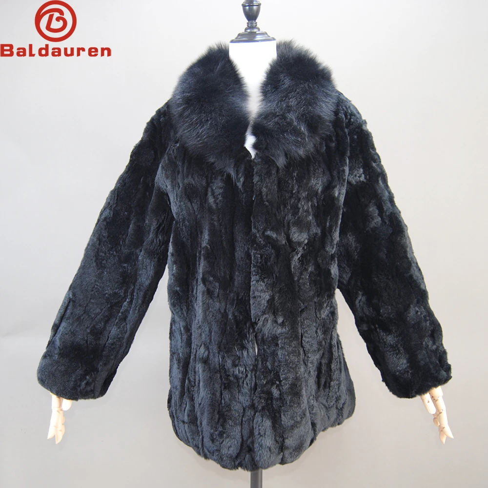 2024 Luxury Women Winter Thick Real Rex Rabbit Fur Coat Lady Warm Quality 100% Genuine Rex Rabbit Fur Jacket With Fox Fur Collar