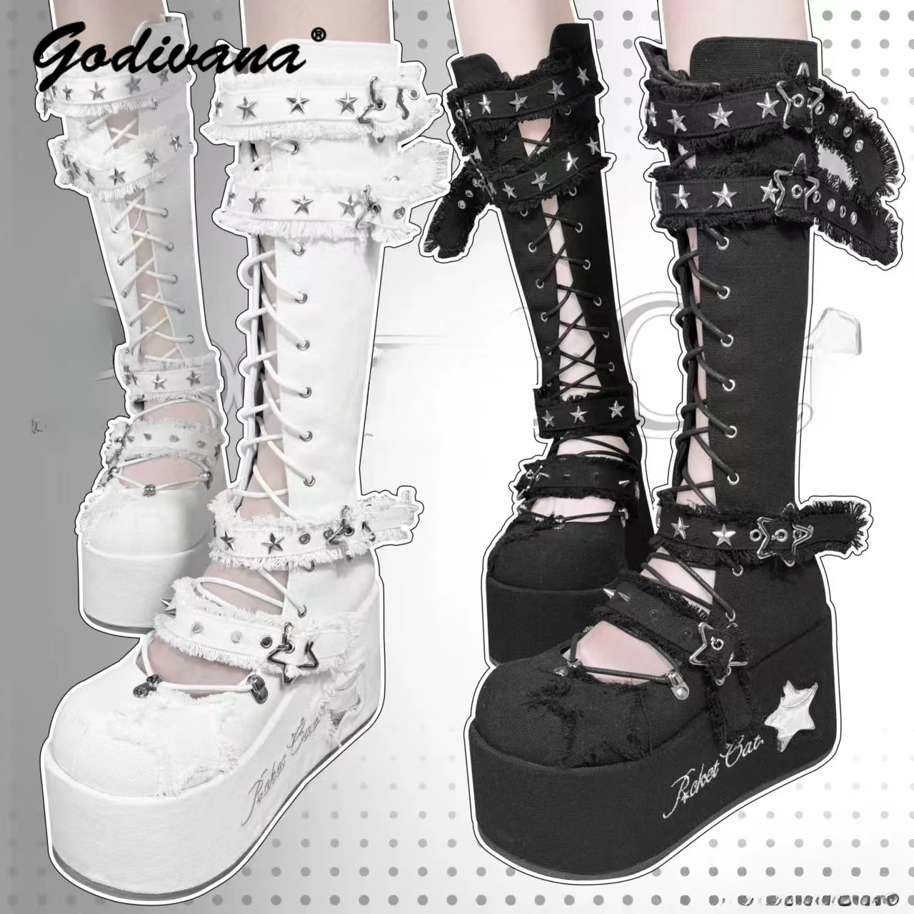 Sweet Cool Hollow out Boots Lolita Punk Style Star Rivet Canvas Mid-Calf Boots Girl Spring and Autumn Women's Knight Boots