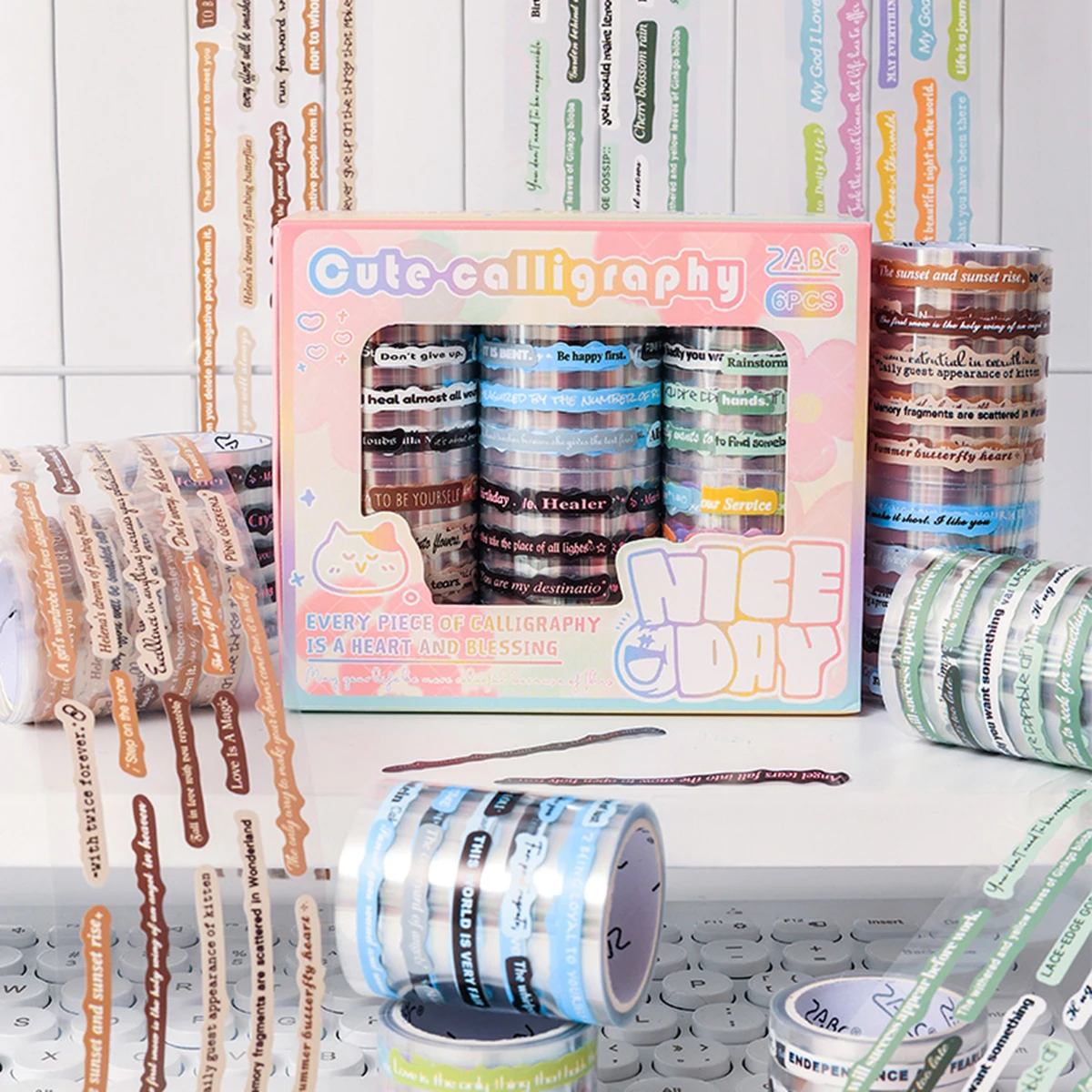 6 rolls/box, cute calligraphy masking tape is suitable for brochures, photo albums, and exquisite gift packaging decoration