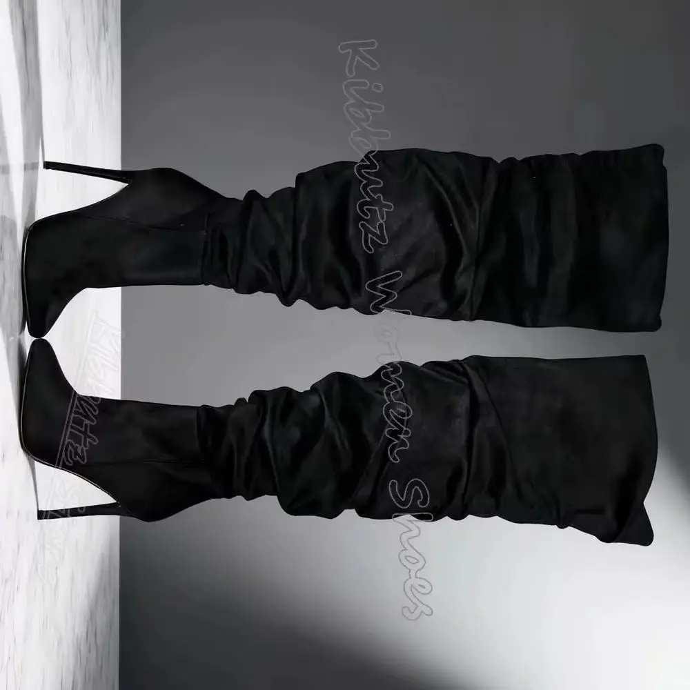 

Over The Knee Boots Pleated Denim Cloth Fashion Elegant Concise Sexy Shoes New Solid Color Slip-On Pointy Thin High Heel Novelty