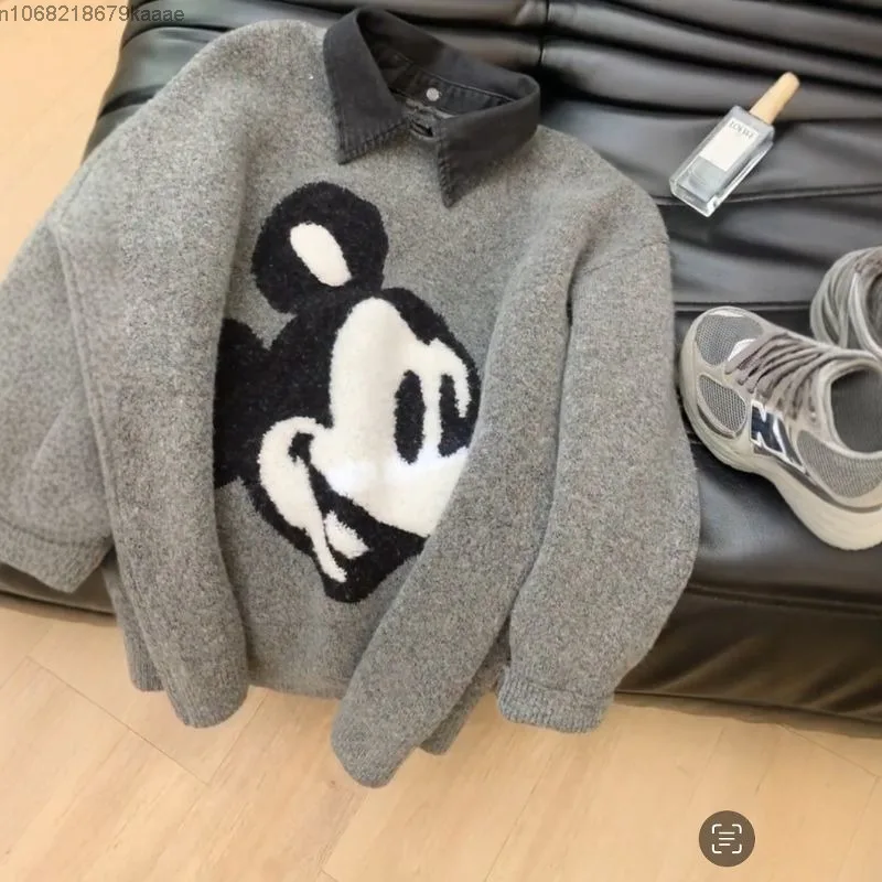 Disney Mickey Autumn And Winter New Knit Sweater For Women Trendy Patchwork Denim Collar Pullover Losse Casual Versatile Sweater