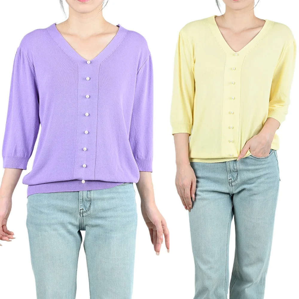 ผู้หญิง V คอผ้าไหมน้ําแข็งถักเสื้อยืดหญิงเรียบง่ายสีทึบครึ่งแขนเสื้อสาวเลดี้ปุ่มสีเหลืองเสื้อ Streetwear