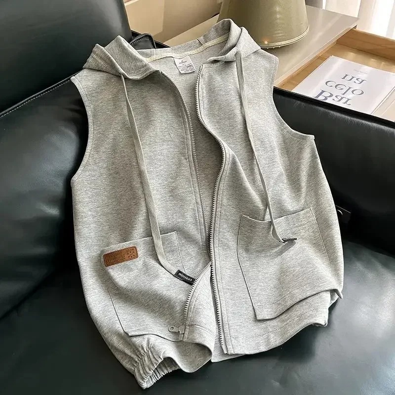 

Comfortable Simplicity Handsome Loose Cardigan Zipper Solid Vests Hooded Spring Summer Lacing Pockets Casual Women's Clothing