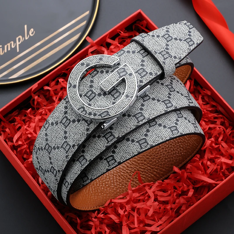 Luxury Men Double G Automatic Buckle PU Leather Belt Vintage B Monogram Print Waistband Business Dress Jeans Belt