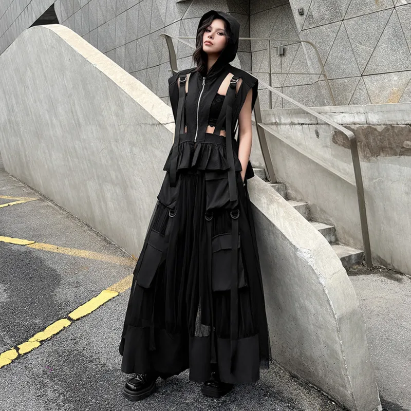 HKSH Women Dark Set Hollow Out Zipper Ruched Hooded Waistcoat Sleeveless Top Multi-pocket Wide Leg Pants Chic New Summer HK20548