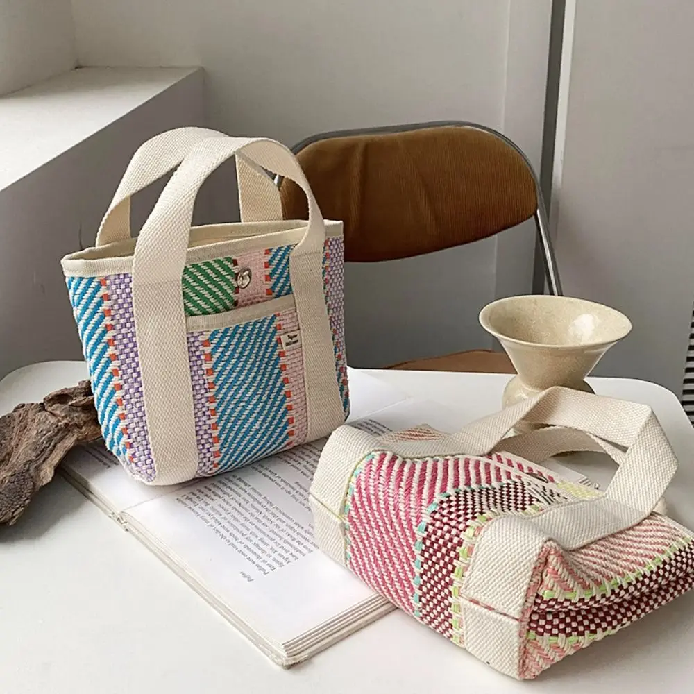 

Practical Stripe Weave Handbag Small Cloth Bag Large Capacity Straw Bag Picnic Storage Bag Fashion Lunch Bag Outdoor