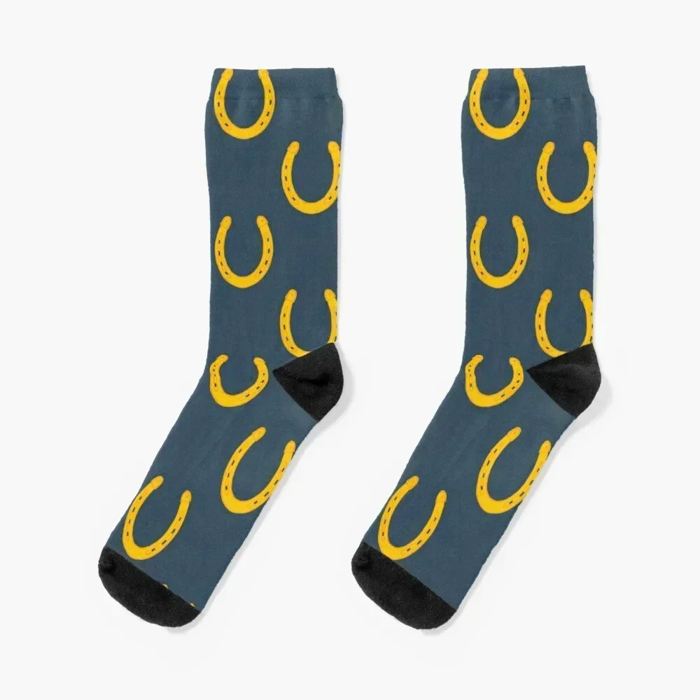 Lucky horseshoes blue and gold print Socks japanese fashion valentine gift ideas winter thermal tennis Woman Socks Men's