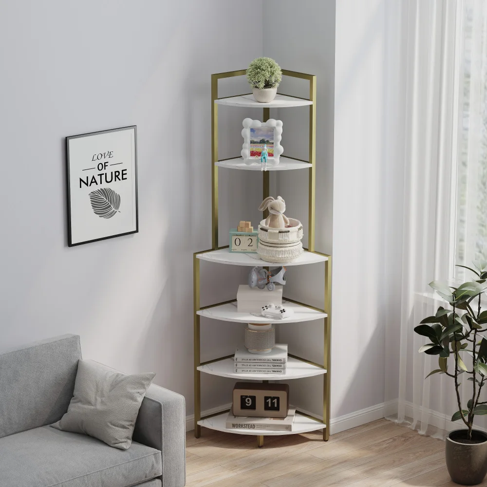 

6-Tier Corner Open Shelf Modern Bookcase Wood Rack Freestanding Shelving Unit Plant Album Trinket Sturdy Stand Small Bookshelf