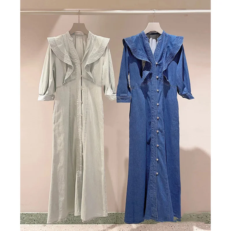 

Kuzuwata 2024 Spring Summer Gentle Denim Dress V-neck Ruffled Cotton Vestidos De Mujer Japanese Long V Neck Button Robe Femme